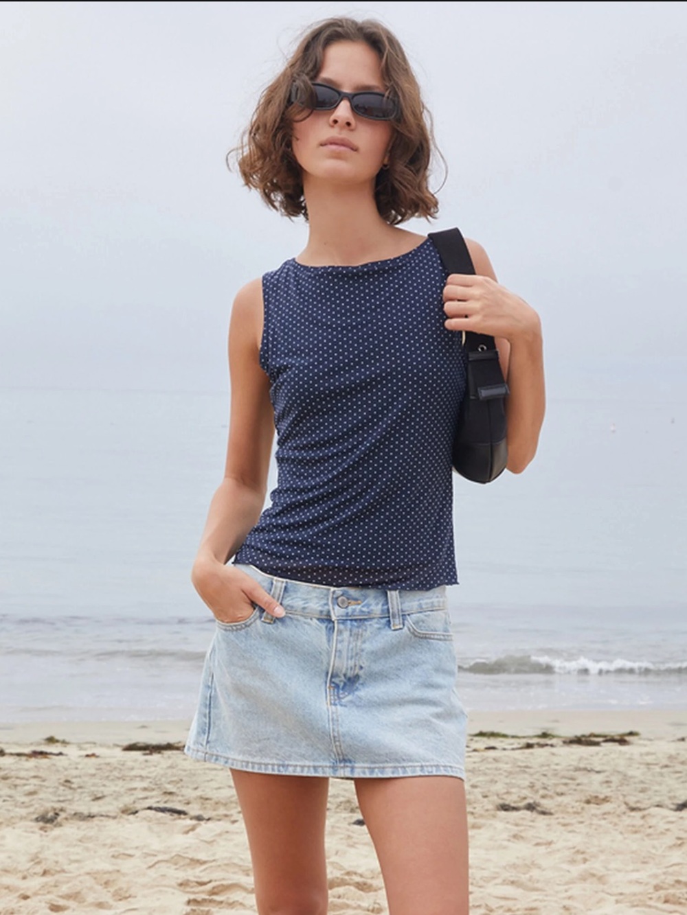 Brandy Melville Navy Tank with White Polka Dots